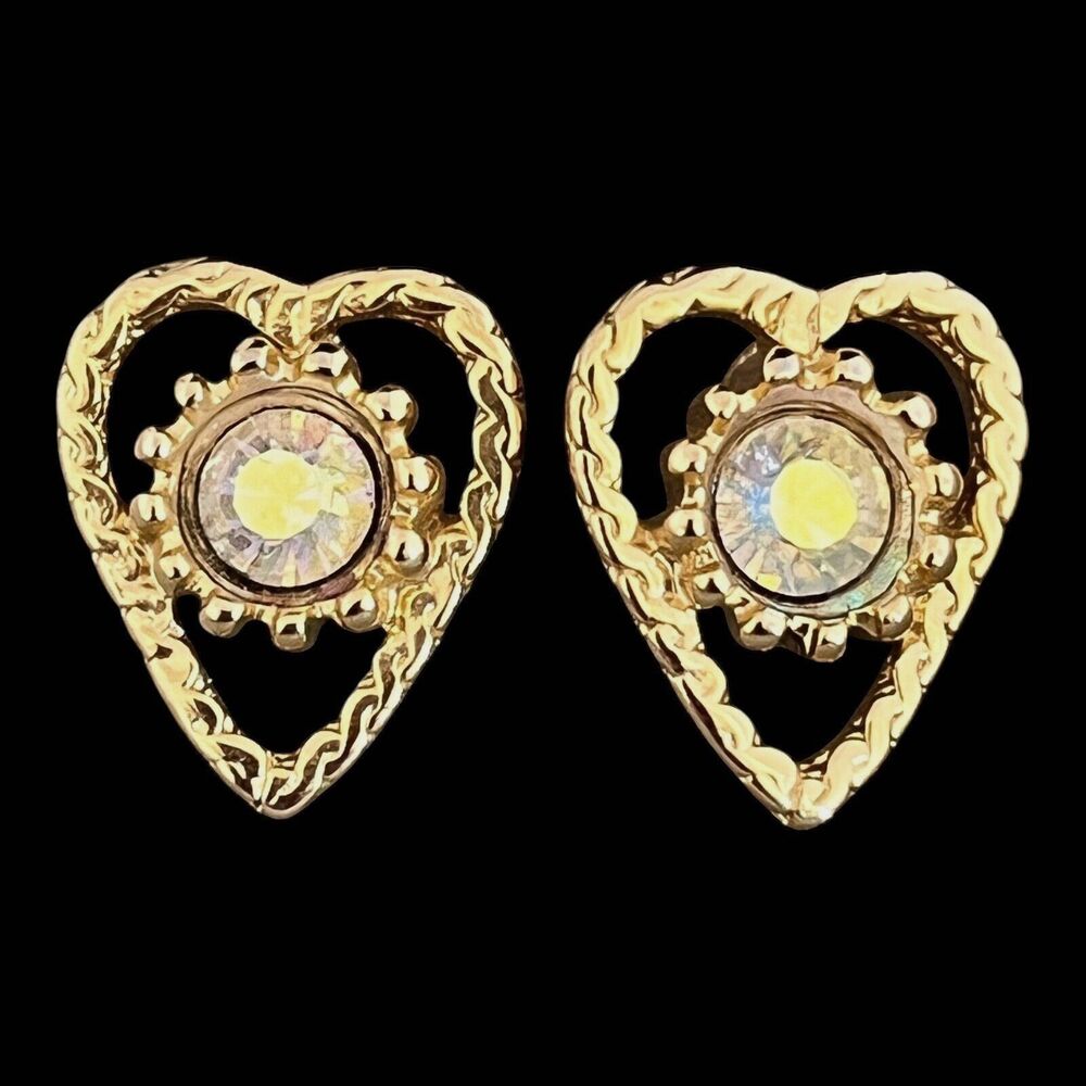 Vintage 1980s Heart Earrings Aurora Borealis Crystals Gold Tone Pierced - 12B